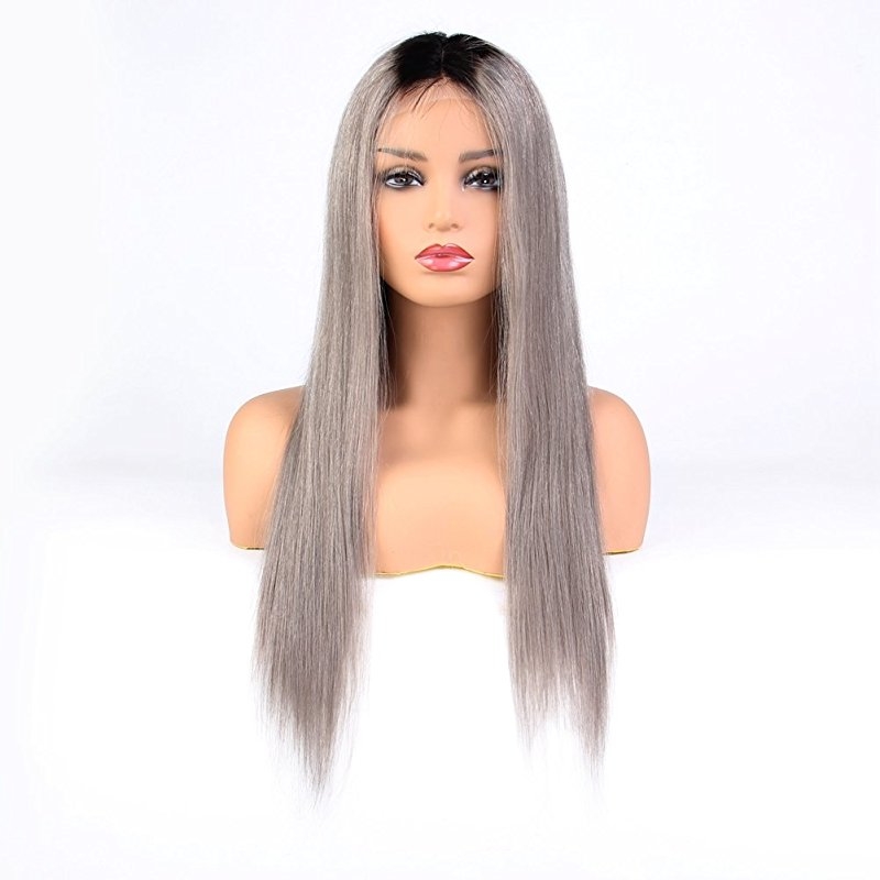 Ombre 1BT/Grey Brazilian Straight Human Hair Full Lace Wigs Cap 130% Density - Image 2