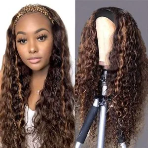 Alternative view of Curly Ombre Headband Wigs Human Hair Wig for Black Women P4/27 Black with Auburn Highlights Water Wave Wigs None Lace Front Attached Machine Made Wigs
