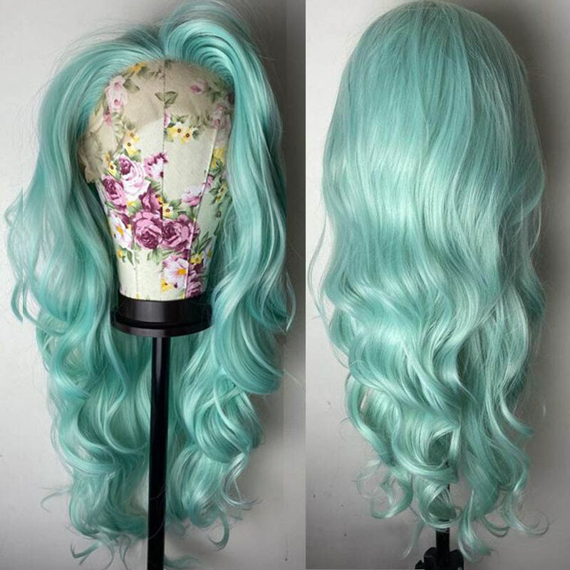 Transparent Lace Wigs Mint Green Colored Body Wave Human Hair Lace Wigs Brazilian Remy 28Inch Ombre Human Hair Wigs For Women - Image 3