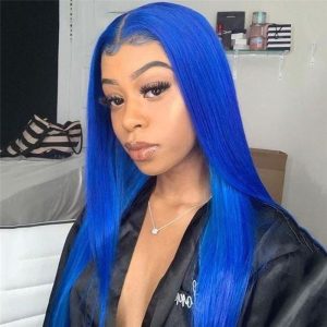 28inch Blue Ombre Colored Lace Front Human Hair Wigs For Women Pre Plucked Brazilian Remy Straight Blue Lace Front Wig - Image 4