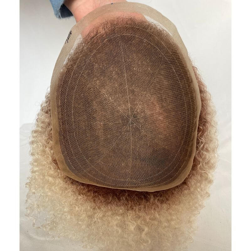 Men Toupee Human Hair Afro Curly Ombre #60 White Color Toupee for Men 8x10 inch Afro Curl Toupee for Black Men Full French Lace Hair System 360 Weave Men Toupee Hair System - Image 17