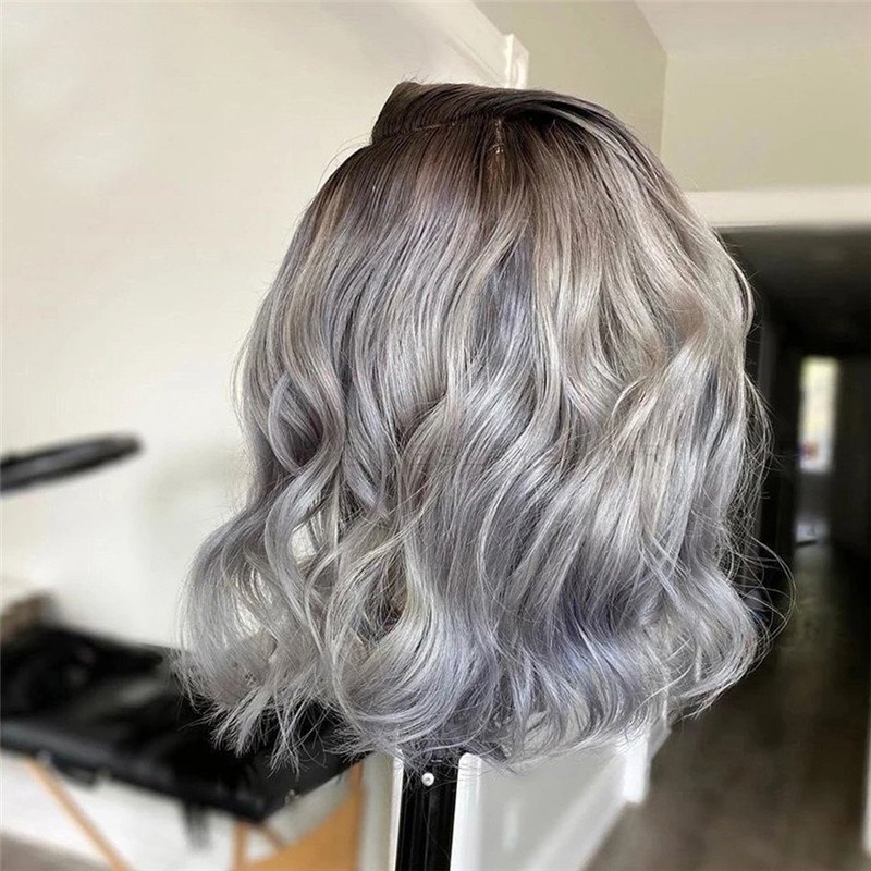1B/Grey Human Hair Wig Wavy Bob Lace Front Human Hair Wigs Brazilian Remy Preplucked Grey Colored Lace Front Wigs Closure Wig - Image 5