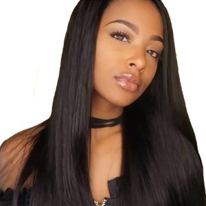 Long Black Lace Front Wig Silky Straight Natural Color Human Hair Natural Hair Line Ponytail Wigs Brazilian Wigs 180% Density - Image 5