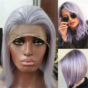 Short Lace Front Bob Wig With Pastel Purple Color - Image 3