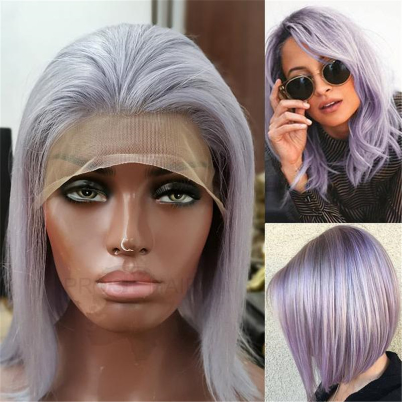 Short Lace Front Bob Wig With Pastel Purple Color - Image 3