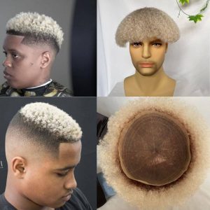Men Toupee Human Hair Afro Curly Ombre #60 White Color Toupee for Men 8x10 inch Afro Curl Toupee for Black Men Full French Lace Hair System 360 Weave Men Toupee Hair System