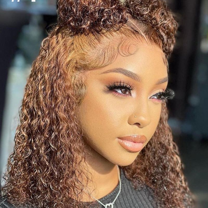 Human Hair Wigs Indian Hair Brown Colored Curly Lace Front Bob Wig 13x4 Brown Curly Wigs Preplucked - Image 5