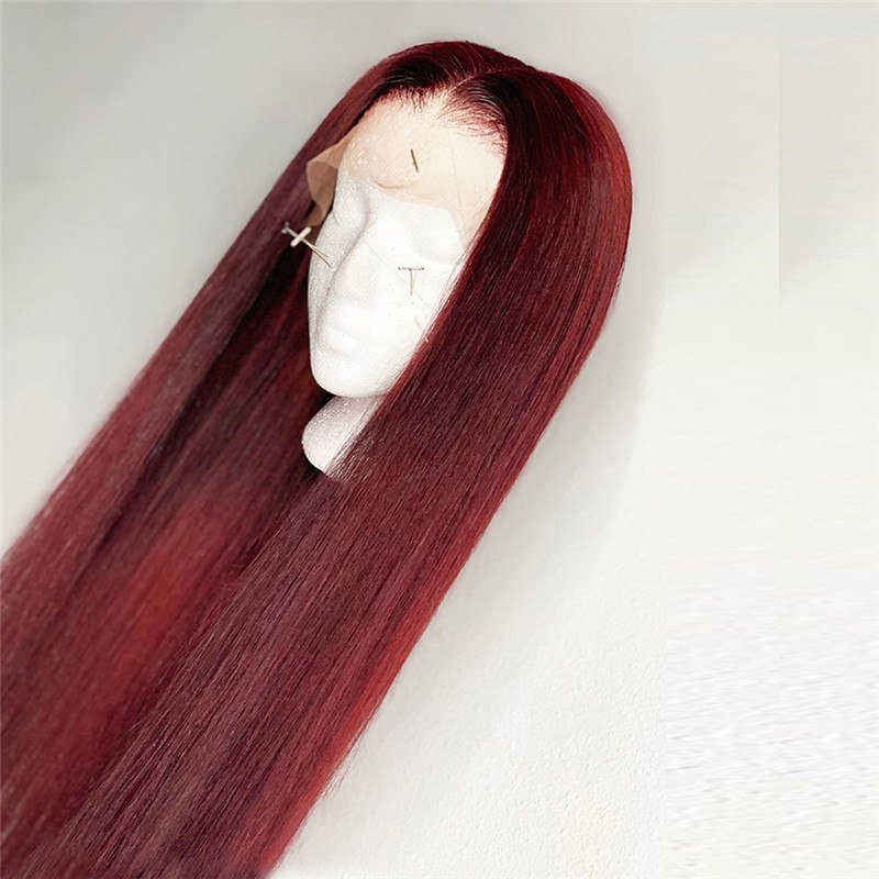 150% Straight 99j Lace Front Wig Red Burgundy Closure Wig Brazilian Remy Hair Wigs Colored Human Hair Wigs Glueless Lace Wig - Image 2