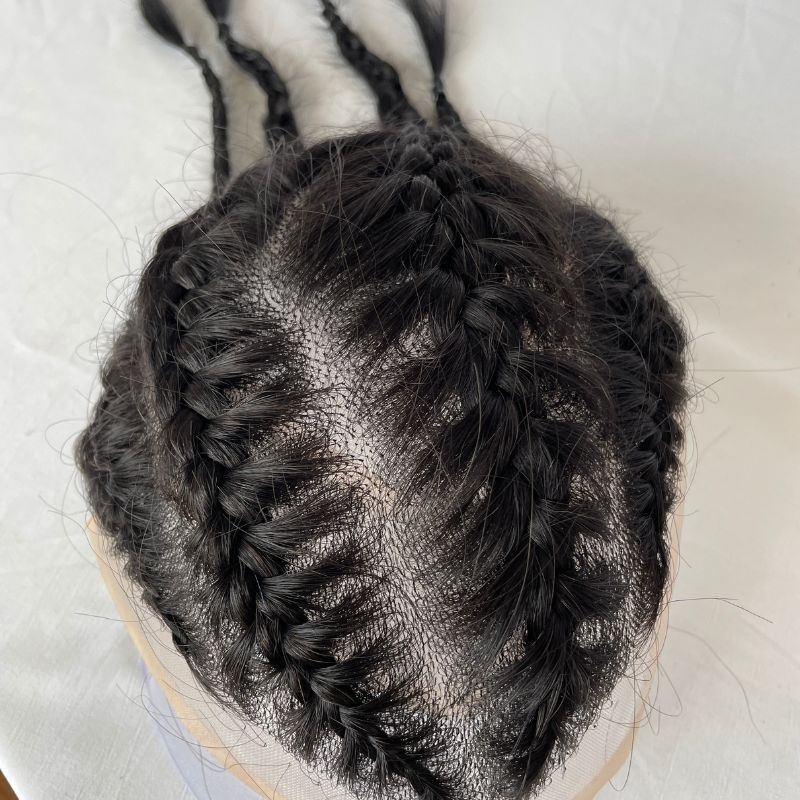 Toupee For Men Four Braids Aka Double Braids Mens Hairpiece100% Human Hair Mono Base with PU Hair Replacement for Men Base Size 8x10 inch Mens Toupee 12 Inch Long Hair - Image 4