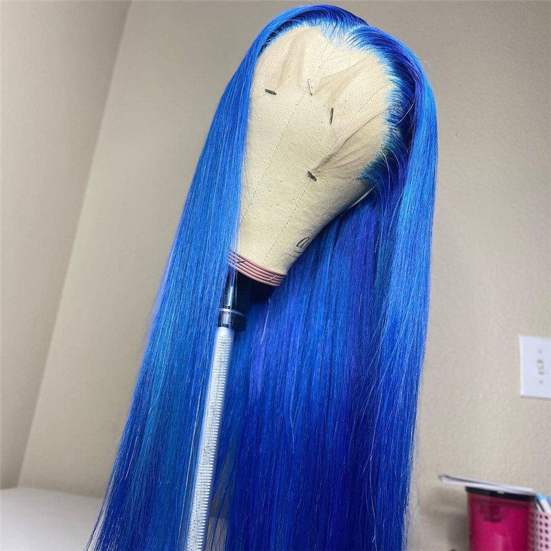 Long Straight Blue Colored Human Hair Wigs Peruvian Remy Hair 8-28inch Lace Front Wig With Baby Hair Preplucked - Image 3