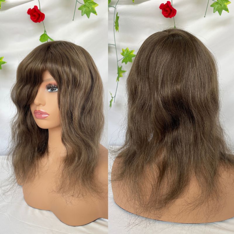 12 Inch Toupee for Women #4 Brown Color Cap Wigs for Women Cambodian Human Hair V-Loop Super Thin Skin Base Full PU 8x10 Inch - Image 2