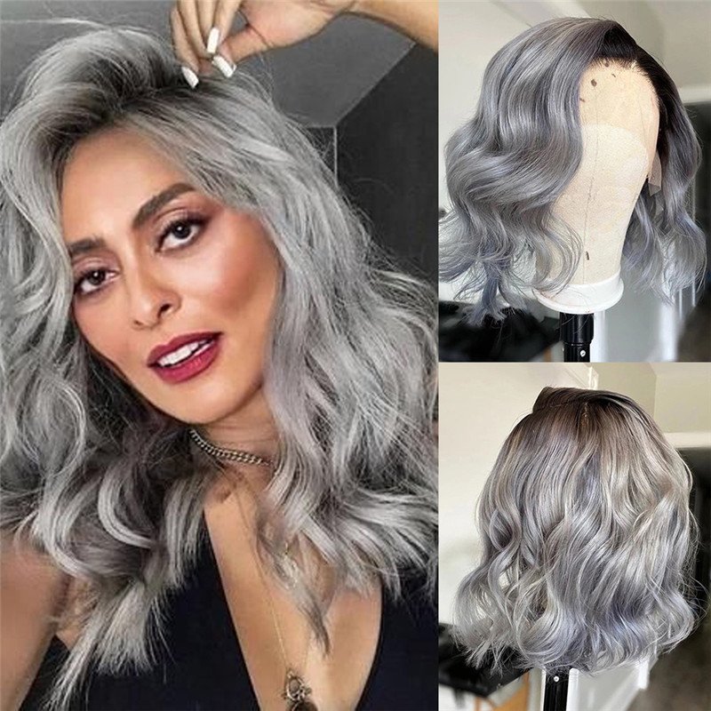 1B/Grey Human Hair Wig Wavy Bob Lace Front Human Hair Wigs Brazilian Remy Preplucked Grey Colored Lace Front Wigs Closure Wig - Image 3