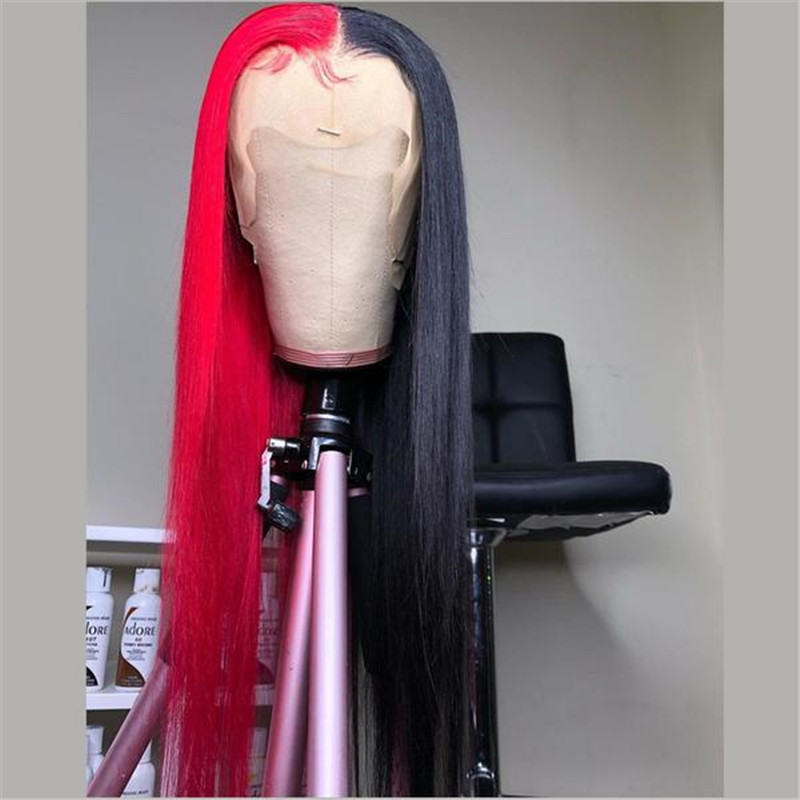 Human Peruvian Hair Half Red Half Black Lace Front Straight Wig - Image 2