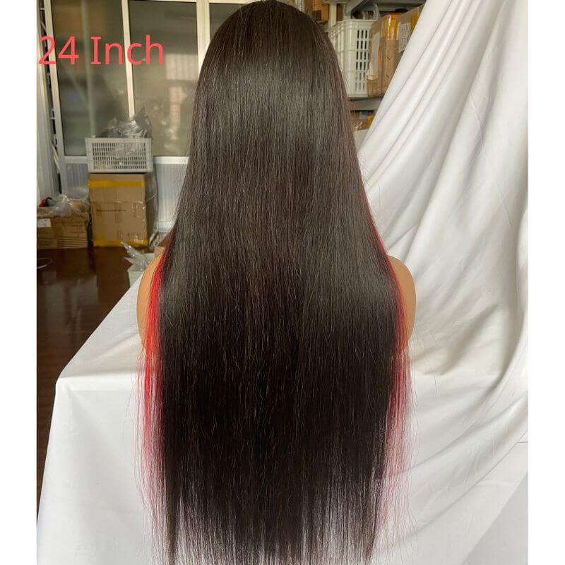 Skunk Stripe Peruvian Hair Lace Front Black Color Red Streak Highlight Wigs Human Hair Lace Front Wigs - Image 6