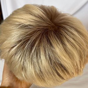 100% Human Hair Men's Toupee Ombre T613 Blonde and Black 3 Inch After Cut New Hairstyles Men's Toupee Super Thin Mono Lace with PU Around Toupee - Image 7