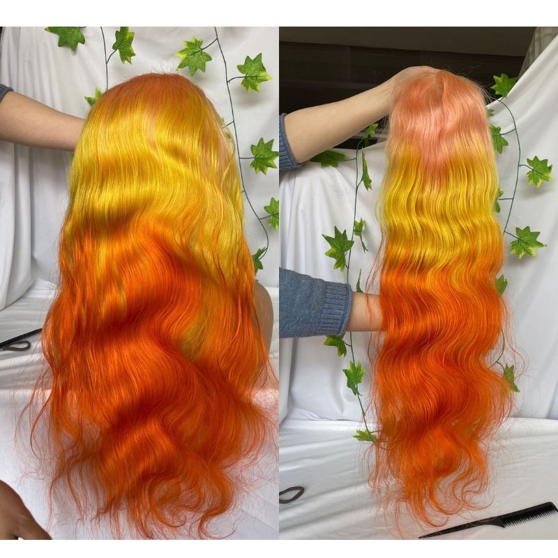 Body Wave Ombre Pink Yellow Orangered Human Virgin Hair Pre Plucked Lace Front Wig For Black Woman Lace Front Wig Brazilian Remy Human Straight Hair - Image 2