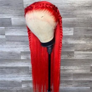 Human Hair Bright Red Color Lace Front Straight Wig