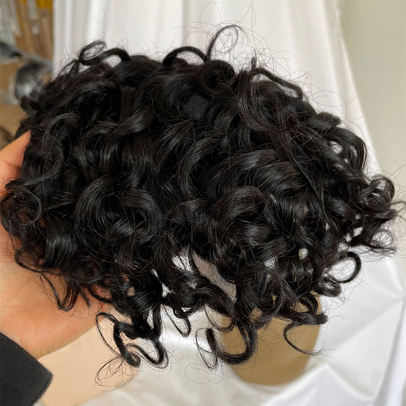 Pwigs Deep Wavy Human Hair Toupee Curly Mono Lace Skin Around Pu Toupee For Men Wave Replacement System Curly Wigs 10x8inch 1B Color - Image 3