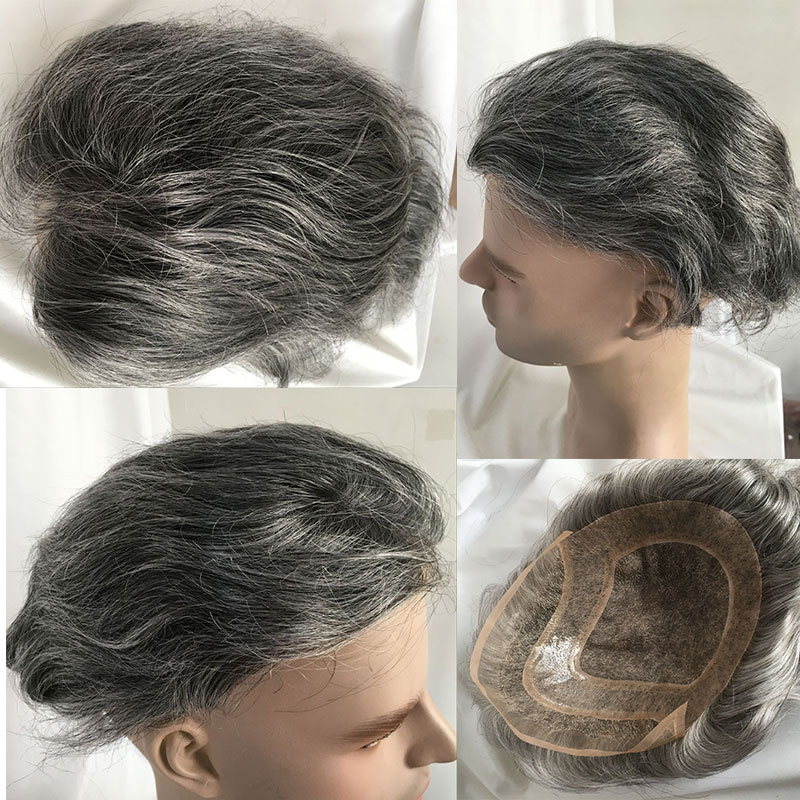 Men's Toupee 10×8 inch 1B Mix 80% Grey Hair Thin Skin Hairpiece Hair Replacement System Monofilament Net Base for Men - Image 8