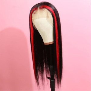Skunk Stripe Peruvian Hair Lace Front Black Color Red Streak Highlight Wigs Human Hair Lace Front Wigs - Image 9