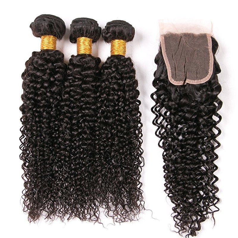 Peruvian Curly Hair 3 Bundles With Closure 8A Kinky Curly Hair Weave Invisible Part Lace Closure Hair - Image 4