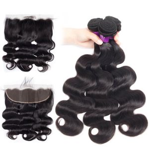 Pre Plucked 13x4 Ear to Ear Lace Frontal Closure Bleached Knots with Hair Bundles Peruvian Body Wave Remy Human Hair Weave Natural Color