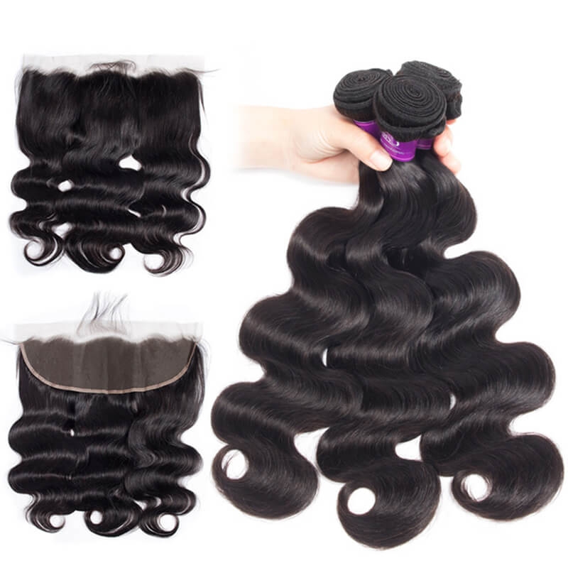 Pre Plucked 13x4 Ear to Ear Lace Frontal Closure Bleached Knots with Hair Bundles Peruvian Body Wave Remy Human Hair Weave Natural Color