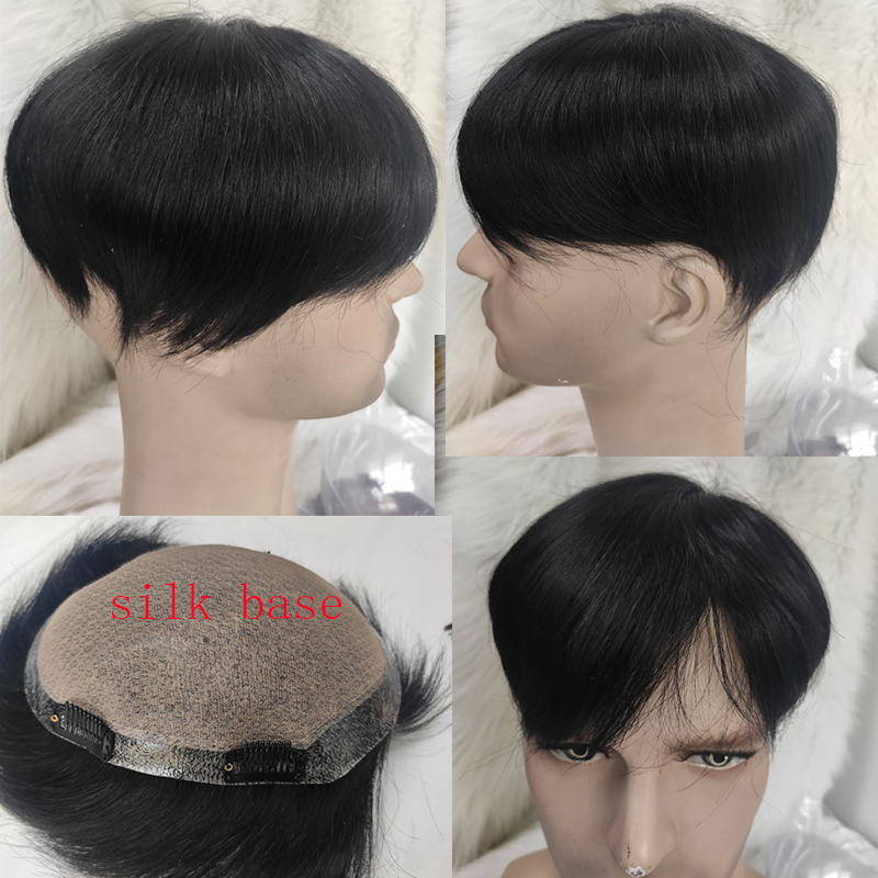 Pwigs Toupee For Men Silk Base Toupee Real Human Hair Replacement System For Men Hair pieces Natural Hairline Clip in Crown 1B Color - Image 14