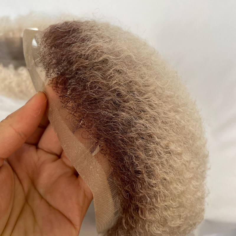 Men Toupee Human Hair Afro Curly Ombre #60 White Color Toupee for Men 8x10 inch Afro Curl Toupee for Black Men Full French Lace Hair System 360 Weave Men Toupee Hair System - Image 14