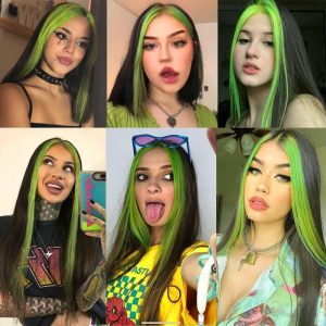 Green/ Black 150% Density Straight Lace Wig Lace Front Human Hair Wigs Skunk Stripe Wigs Brazilian Remy Hair Green Highlight Wigs For Women 8-28 inch - Image 3