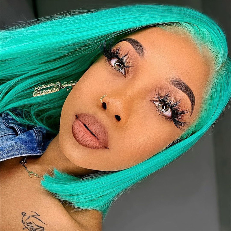 Peruvian Hair Ocean Green Lace Front Straight Bob Wigs