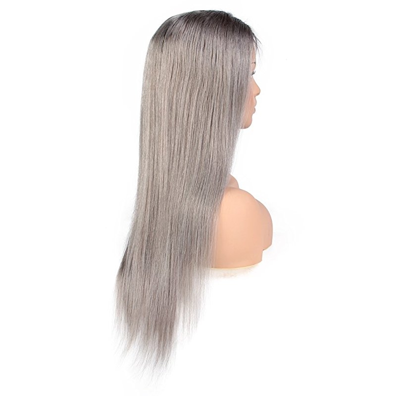 Ombre 1BT/Grey Brazilian Straight Human Hair Full Lace Wigs Cap 130% Density - Image 3