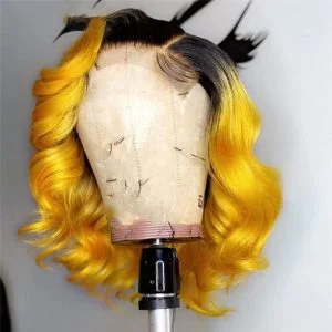 Wavy Bob Yellow Ombre Closure Wig Brazilian Remy Transparent Lace Wigs Colored Human Hair Wigs For Women Preplucked