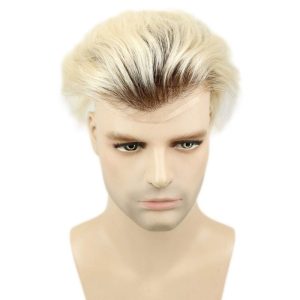 Ombre T60 Platinum Blonde and Black 6-7 Inch 100% Human Hair Men's Toupee Super Thin Mono Lace with PU Around Ombre Blonde 60 Color10" x 8" Toupee