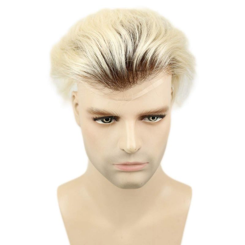 Ombre T60 Platinum Blonde and Black 6-7 Inch 100% Human Hair Men's Toupee Super Thin Mono Lace with PU Around Ombre Blonde 60 Color10" x 8" Toupee