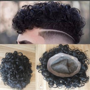 PwigsToupee for Men Indian Remy Human Hair Hairpieces Fine Mono Lace Top PU Perimeter 360 Wave Curly Wigs Hair Replacement System 10x8inch 1B Color