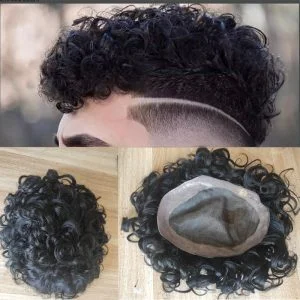 PwigsToupee for Men Indian Remy Human Hair Hairpieces Fine Mono Lace Top PU Perimeter 360 Wave Curly Wigs   Hair Replacement System 10x8inch 1B Color