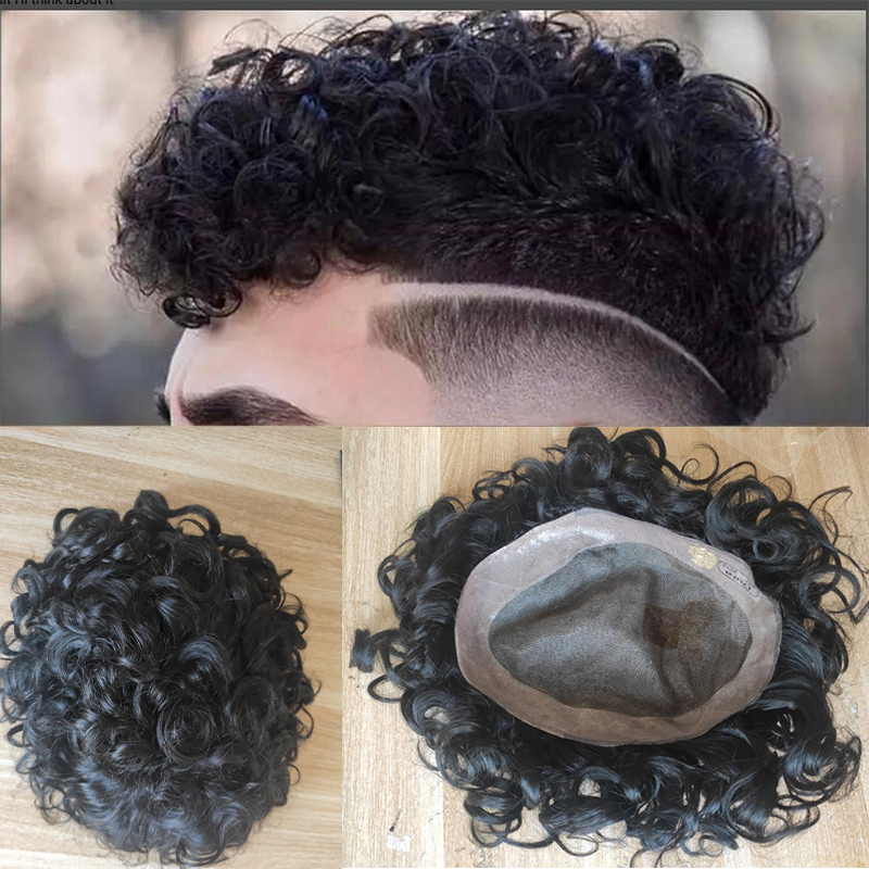PwigsToupee for Men Indian Remy Human Hair Hairpieces Fine Mono Lace Top PU Perimeter 360 Wave Curly Wigs Hair Replacement System 10x8inch 1B Color