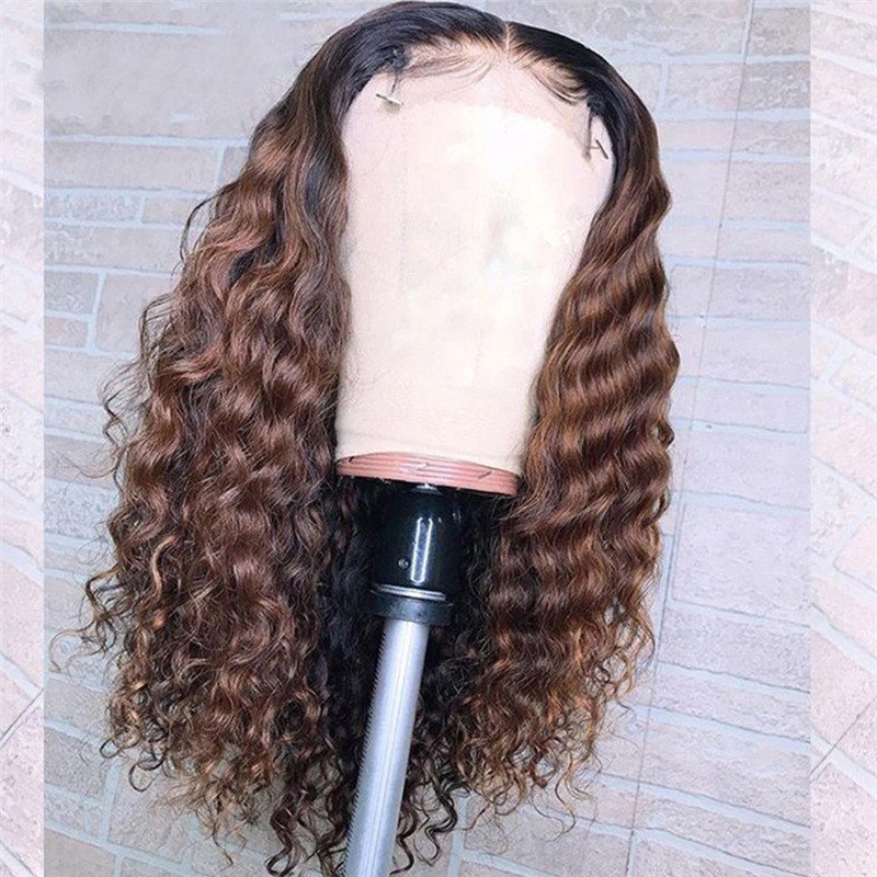 Curly Human Hair Wig Brazilian Highlight Wig Brown Ombre Deep Curly Lace Front Wig 150% Density Curly Wigs For Women Pre Plucked