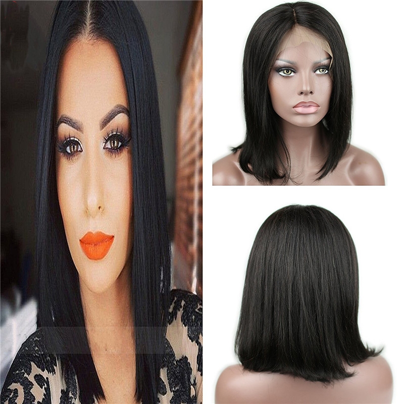 Lace Front Wigs Glueless Brazilian Remy Human Hair Short Straight Bob Wig for Black Women with Baby Hair Bleached Knots Natural Black Color 12inch - Image 2