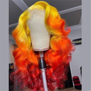 Alternative view of Peruvian Hair Yellow Orange Red Ombre Color Lace Front Wig