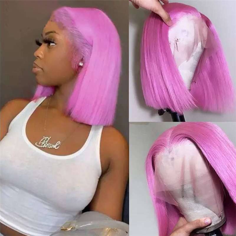 150% Density Pink Short Bob Human Hair Wigs Transparent Lace Front Wig Brazilian Remy Hair Pink Bob Lace Front Wig Pre Plucked