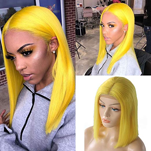 Yellow Silky Straight 13x4 Short Bob Human Hair Wigs Brazilian Remy Wig Yellow Bob Frontal Wigs For Women Pre Plucked Transparent Wigs 150% - Image 2