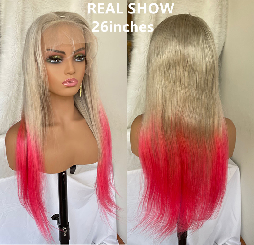 Straight 13x4 Pink Grey Lace Front Wig Peruvian Remy Ombre Lace Front Wig 13x4 Colored Human Hair Wigs For Women - Image 6