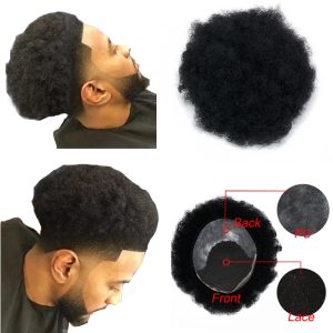 8x10 Human Hair Men's Toupee Afro Curl Lace Front With PU Back Color 1B - Image 7