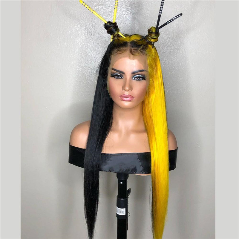 Peruvian Hair Half Black Half Yellow Lace Front Style Wig