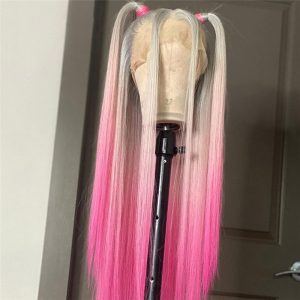 Straight 13x4 Pink Grey Lace Front Wig Peruvian Remy Ombre Lace Front Wig 13x4 Colored Human Hair Wigs For Women - Image 2