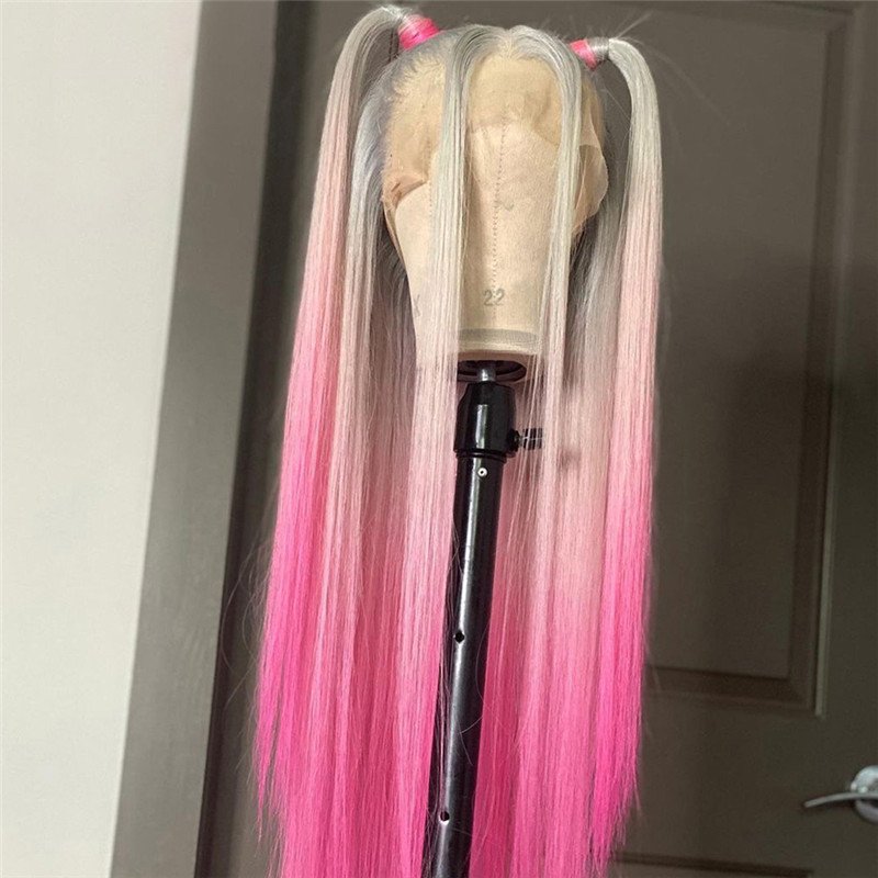 Straight 13x4 Pink Grey Lace Front Wig Peruvian Remy Ombre Lace Front Wig 13x4 Colored Human Hair Wigs For Women - Image 2