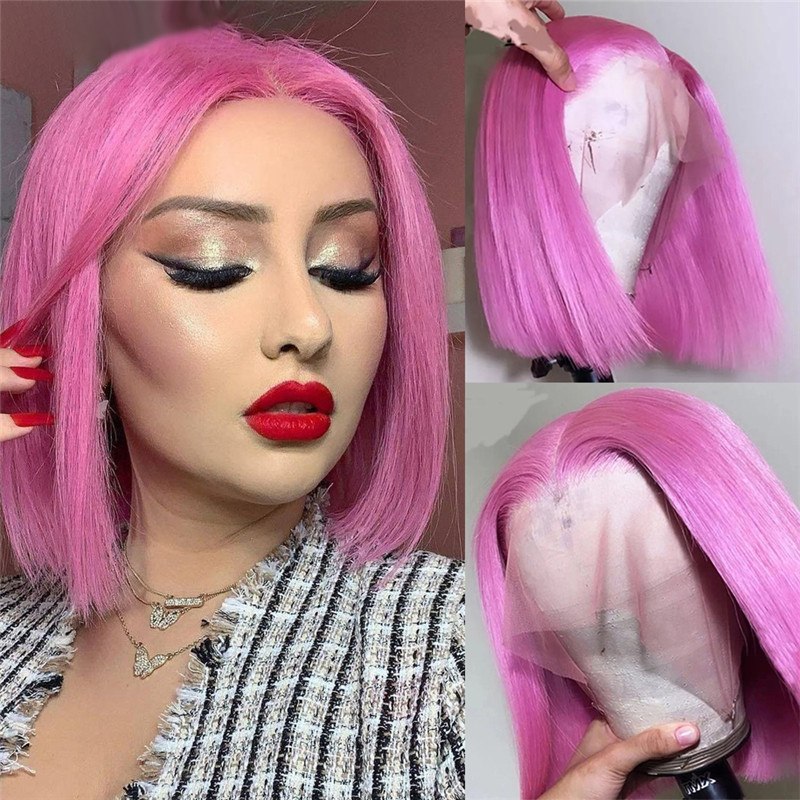 150% Density Pink Short Bob Human Hair Wigs Transparent Lace Front Wig Brazilian Remy Hair Pink Bob Lace Front Wig Pre Plucked - Image 3