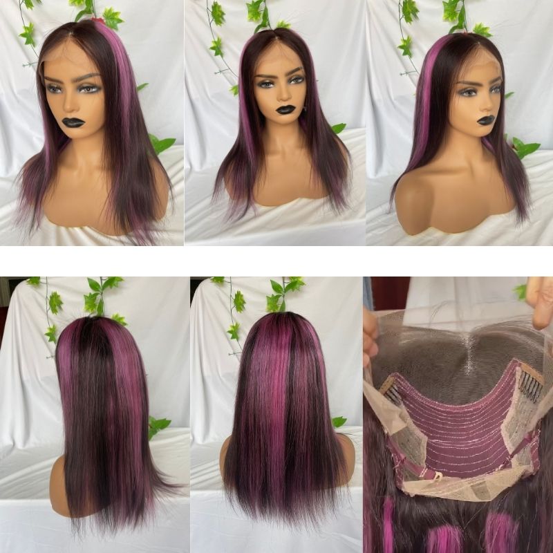 Purple and Natural Black Highlight Wig Pre Plucked Straight Lace Front Wig Brazilian Highlight Colored Human Hair Lace Front Wigs 150% Hair - Image 4